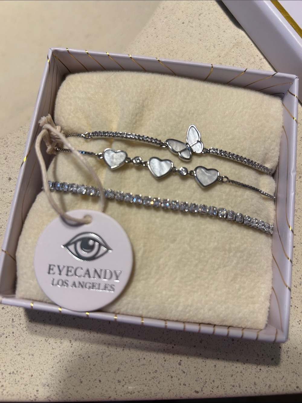 eye candy Silver Layered Heart Butterfly & Gem Bracelet Set